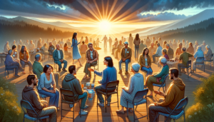 A 16x9 format illustration depicting the theme of goodwill and service in the context of recovery from addiction. The image shows a serene and uplifti