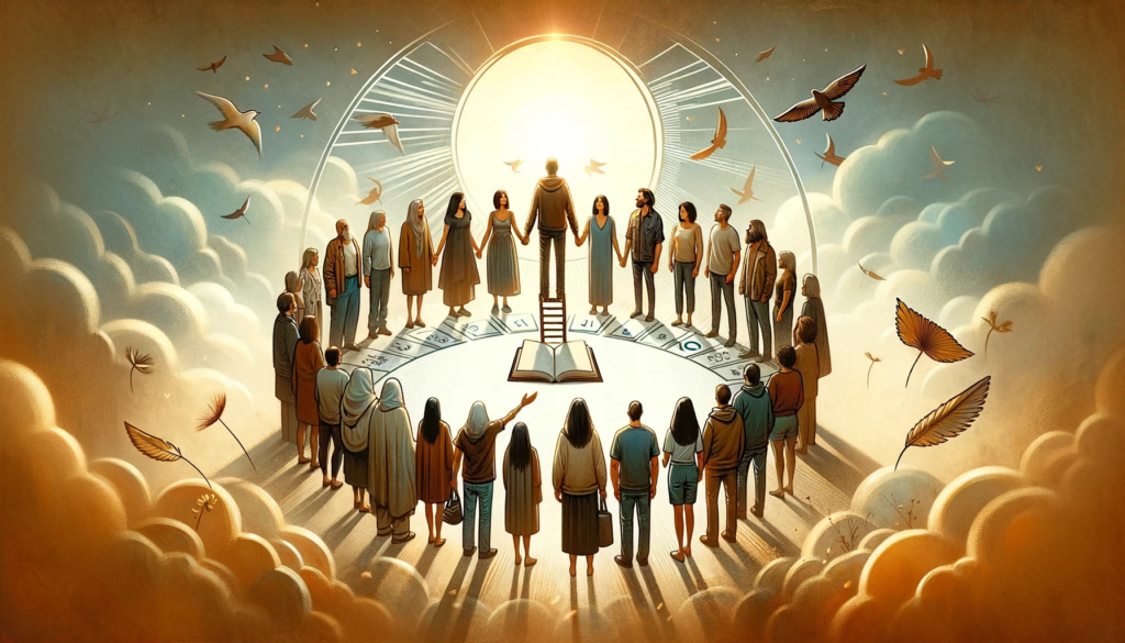 A conceptual illustration for a blog about overcoming hardships and finding common ground in recovery, in a 16x9 format. The image shows a diverse gro