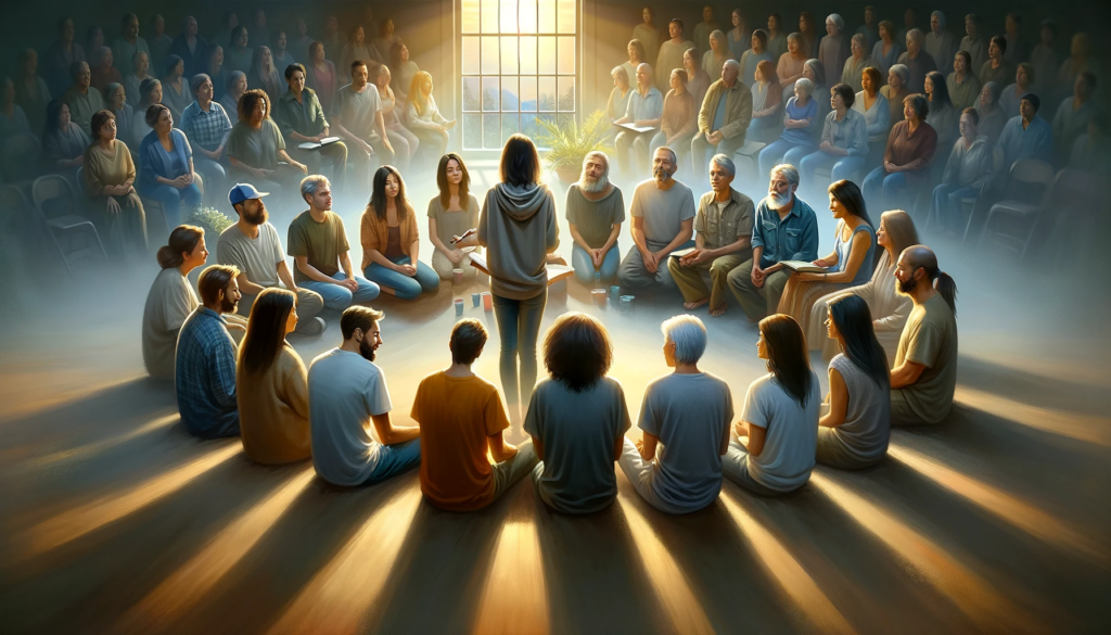 An image that beautifully illustrates the concept of fellowship and mutual support in recovery. The scene should depict a group of diverse individuals