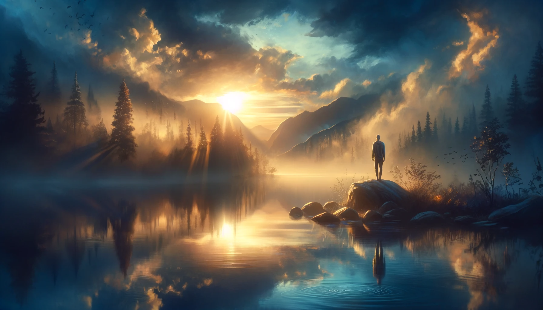 An image that captures the essence of gratitude towards a Higher Power in recovery. The scene should depict a serene and reflective moment, perhaps a
