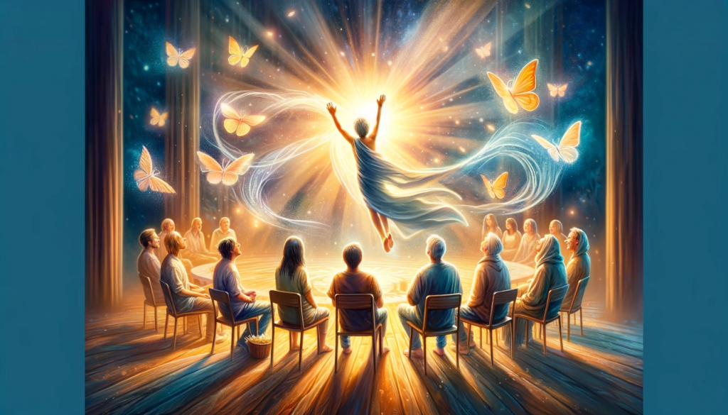 An image that captures the joy and transformation witnessed in the recovery of others. The scene should illustrate a sense of growth and positive chan