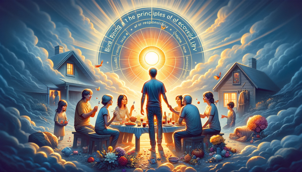An image that conveys the theme of bringing the principles of recovery into family life. The scene should depict a harmonious and loving family enviro