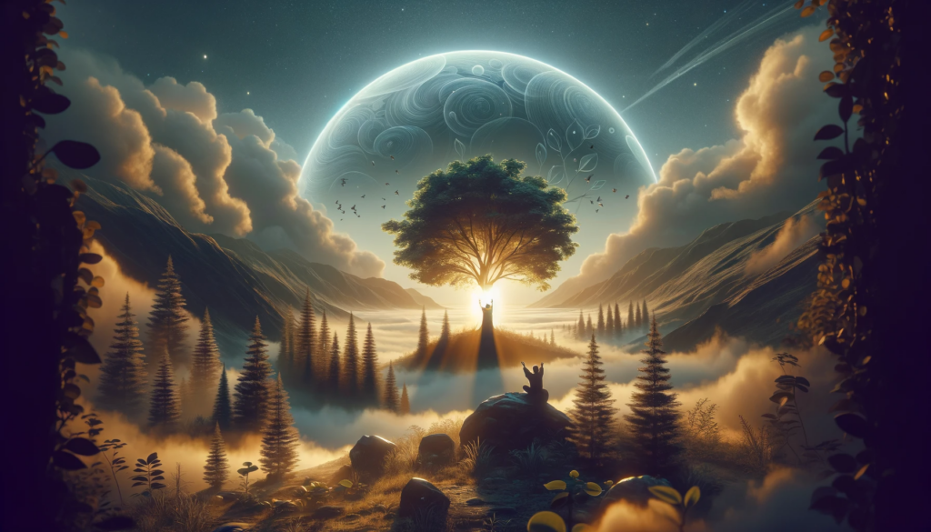 An image that depicts the theme of growing faith and finding strength in a Higher Power. The scene should illustrate a peaceful and hopeful environmen