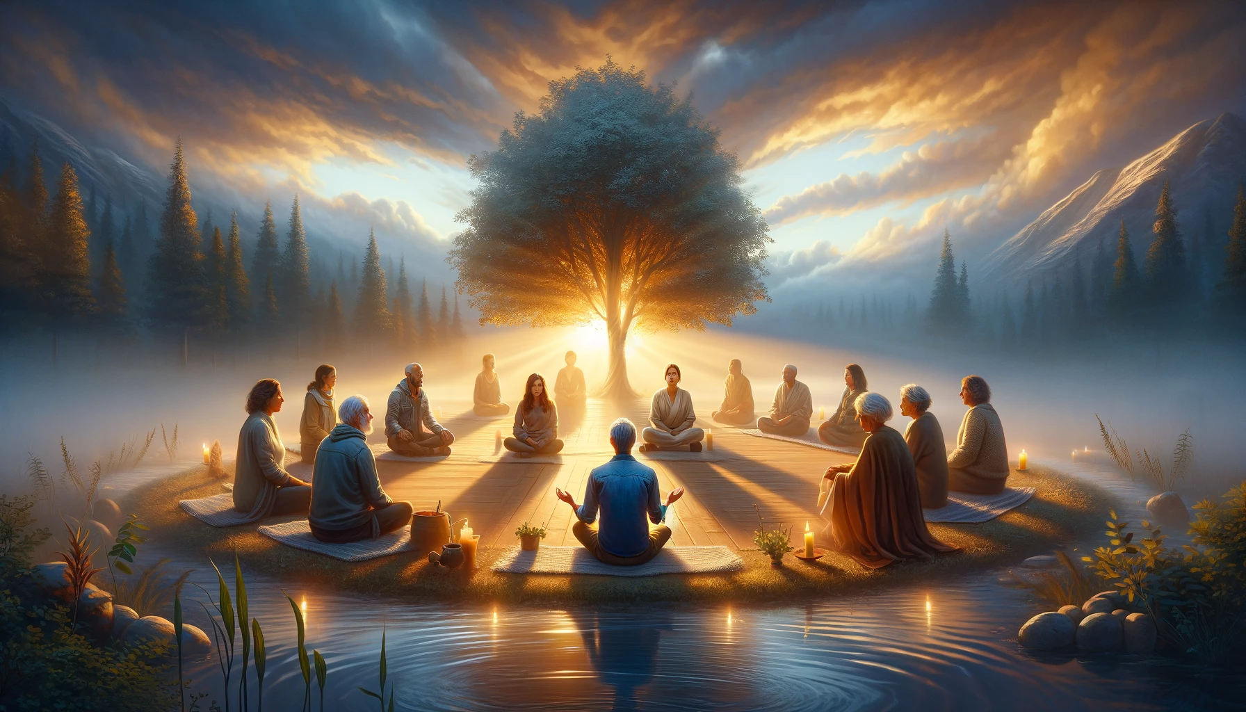 An image that embodies the theme of forgiveness and self-acceptance in the journey of recovery. The scene should depict a peaceful and empathetic envi