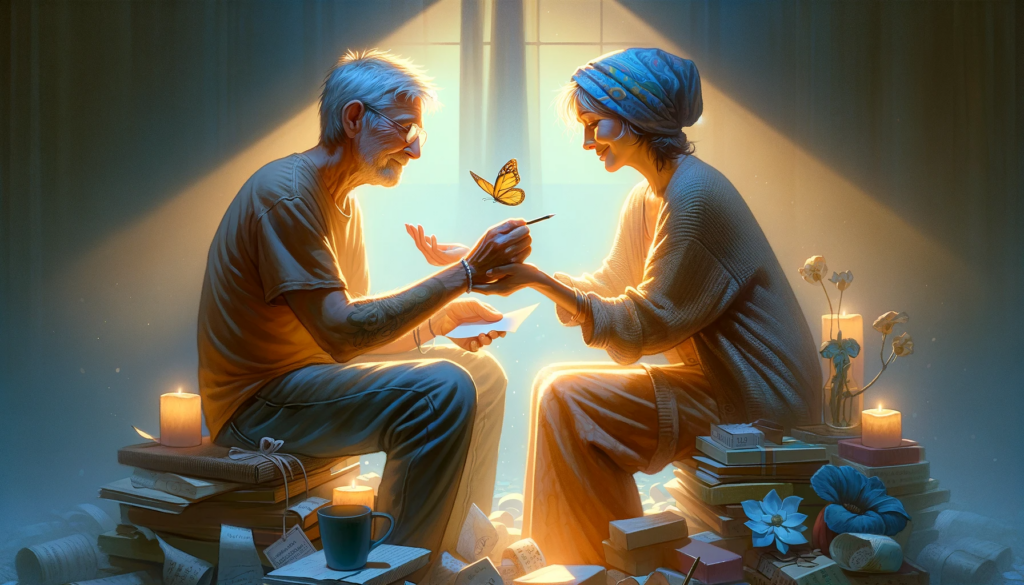 An image that embodies the theme of gratitude and reciprocation in the relationship between a sponsor and a sponsee in recovery. The scene should depi