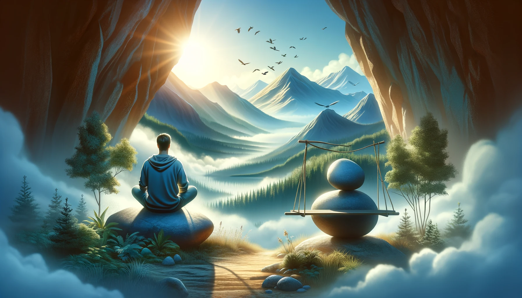 An image that illustrates the concept of maintaining perspective and not exaggerating problems in recovery. The scene should depict a calming and bala