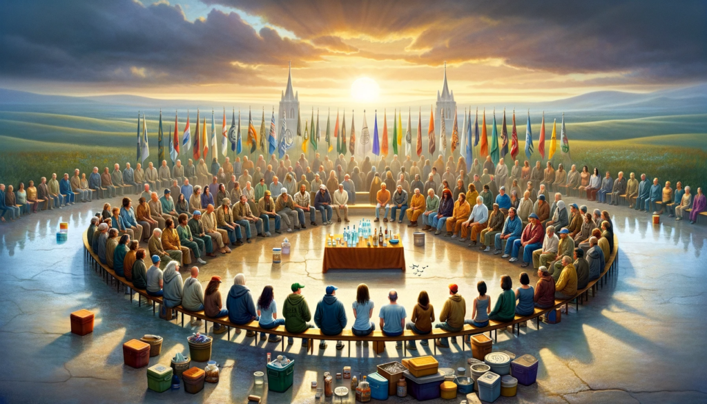 An image that illustrates the concept of unity within the diversity of Narcotics Anonymous. The scene should depict a harmonious yet diverse environme
