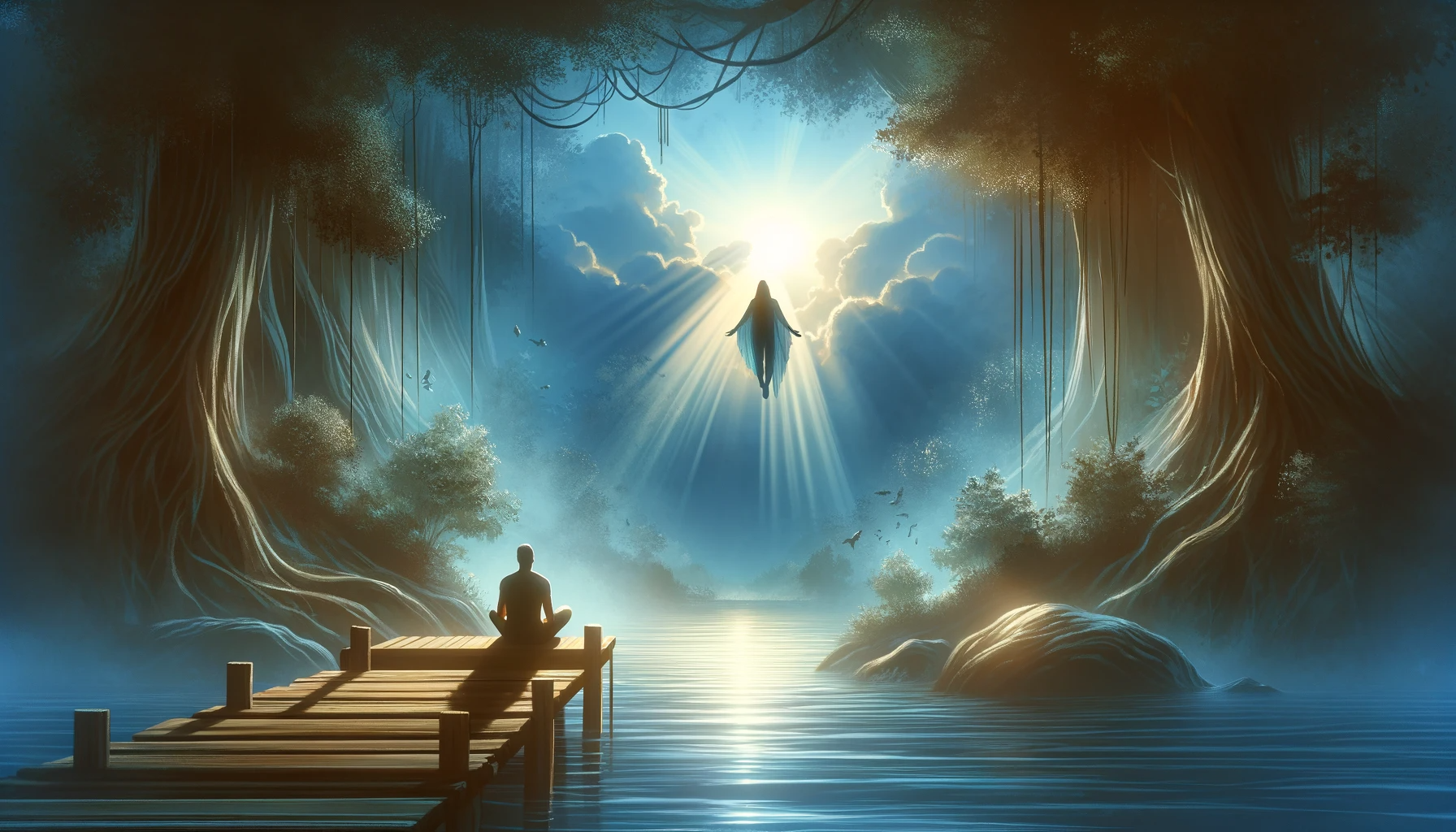 An image that illustrates the theme of overcoming fear through faith in a Higher Power. The scene should depict a calming and reassuring environment,
