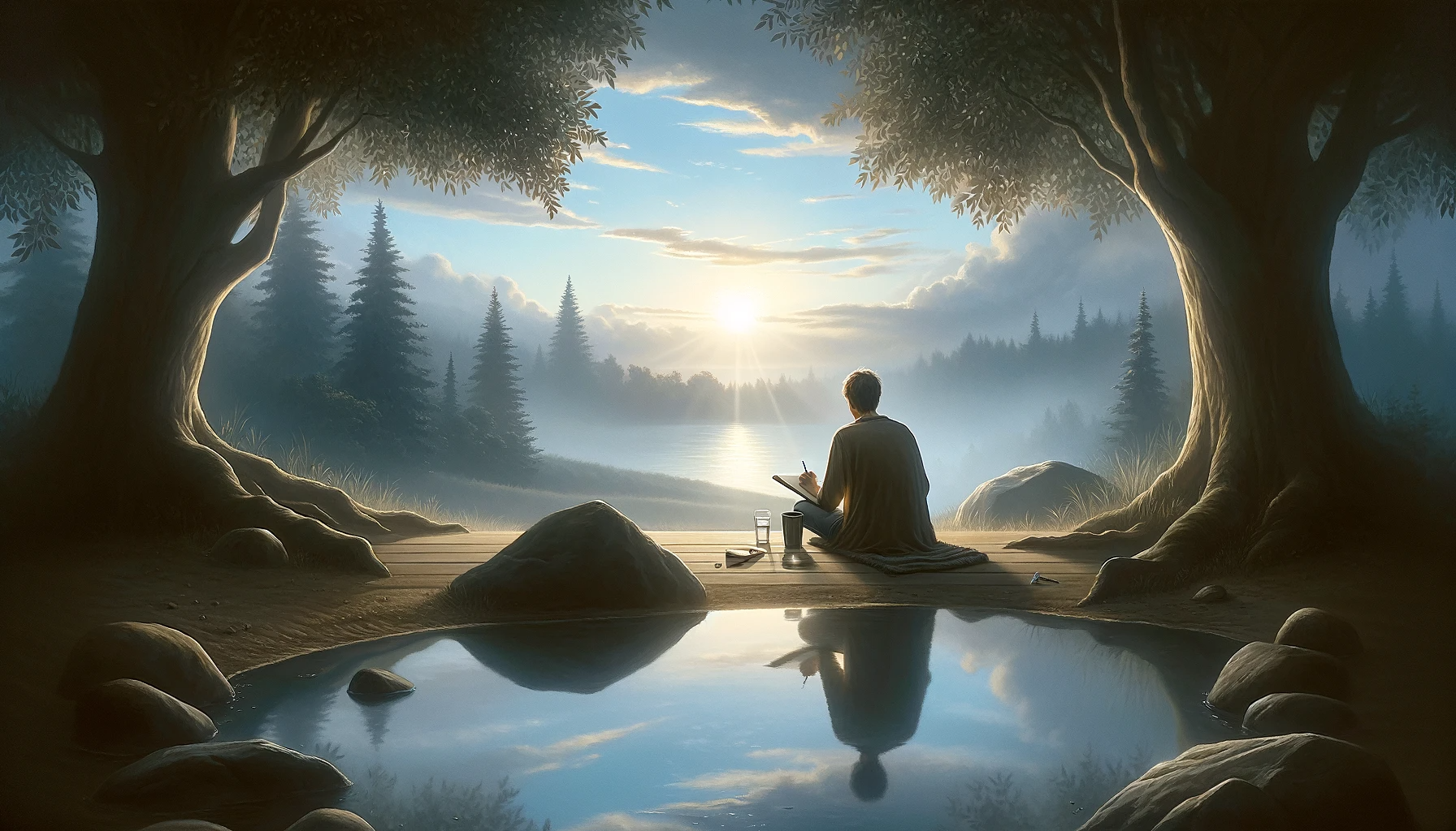 An image that represents the practice of a simple daily inventory in recovery. The scene should depict a serene and introspective setting, possibly sh