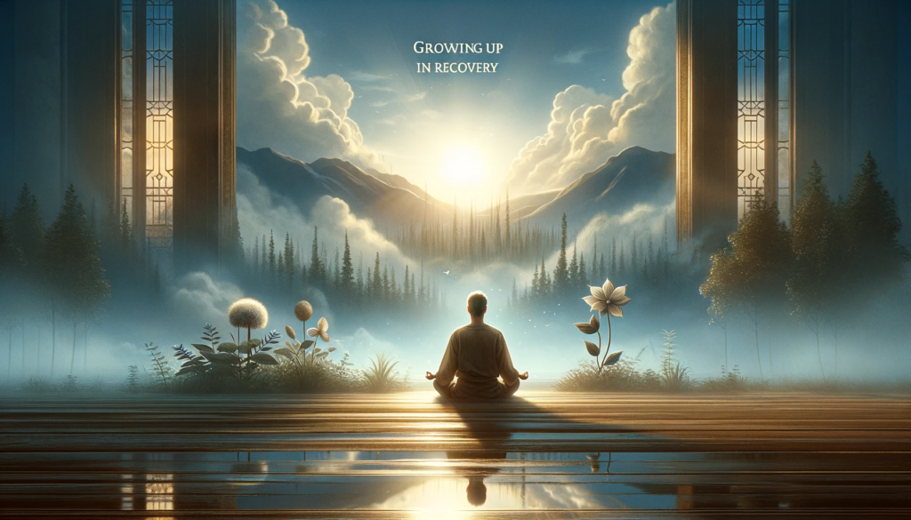 An image that symbolizes personal growth and spiritual maturity in recovery. The scene should depict a serene and reflective environment, possibly a p