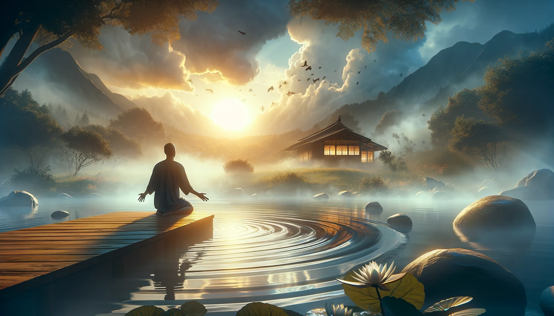 An image that visualizes the concept of 'surrender to win' in the context of recovery. The scene should depict a peaceful and hopeful setting, perhaps