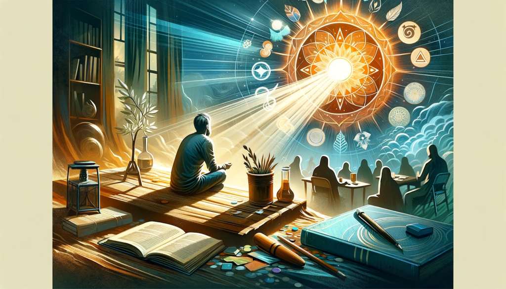 An image that visually represents the concept of seeking guidance and knowledge in recovery. The scene should depict an individual in recovery in a co