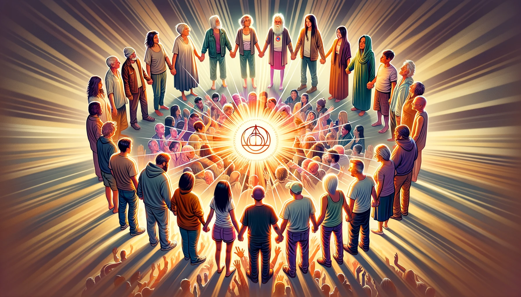 A 16x9 format illustration capturing the essence of unity and diversity within the Narcotics Anonymous community. The image shows a circle of people f