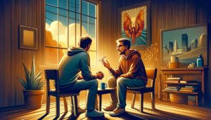 A 16x9 format illustration depicting the relationship between a sponsor and a sponsee in the Narcotics Anonymous community. The image shows a supporti