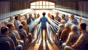 A 16x9 format illustration that captures the essence of welcoming newcomers into the Narcotics Anonymous community. The image depicts a diverse group