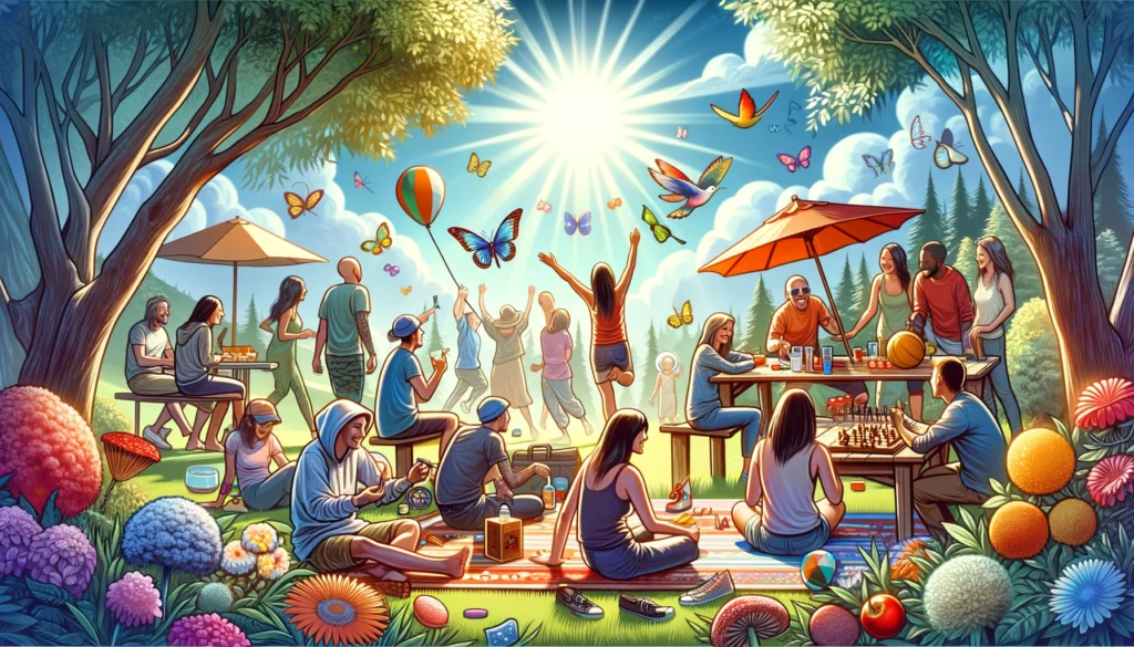 A 16x9 format illustration that captures the theme of 'Rediscovering Fun in Recovery'. The image portrays a group of individuals from diverse backgrou