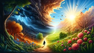 A 16x9 format illustration that vividly captures the theme of 'Transforming a Curse into a Blessing'. The image should depict a dramatic transformatio