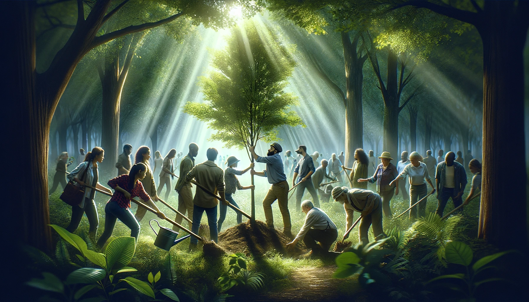 A dynamic and inspiring 16x9 image that embodies the themes of Unity and Service. The scene should feature a diverse group of people, coming together
