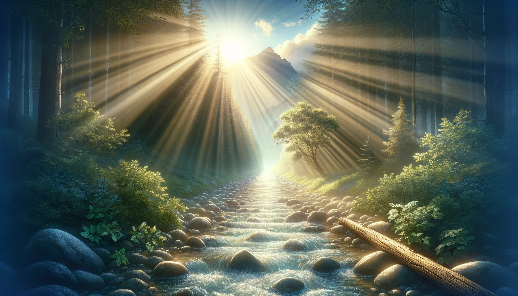 A serene landscape symbolizing a spiritual journey and recovery. The image should depict a winding path leading through a tranquil forest, with beams
