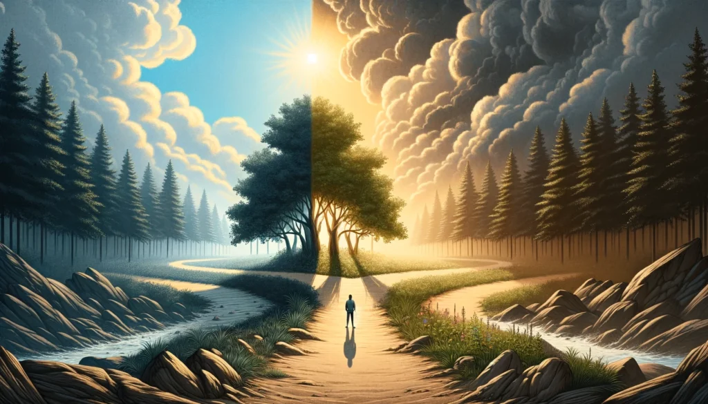 Illustrate the concept of the dual path of recovery, featuring powerlessness and personal responsibility, without including any textual elements. The