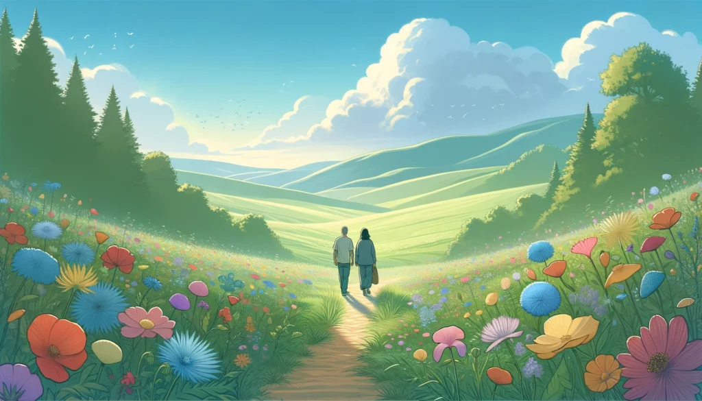 Illustrate-the-theme-of-nurturing-the-recovery-partnership-on-February-18th.-The-image-should-depict-two-figures-walking-side-by-side-on-a-path-that-c