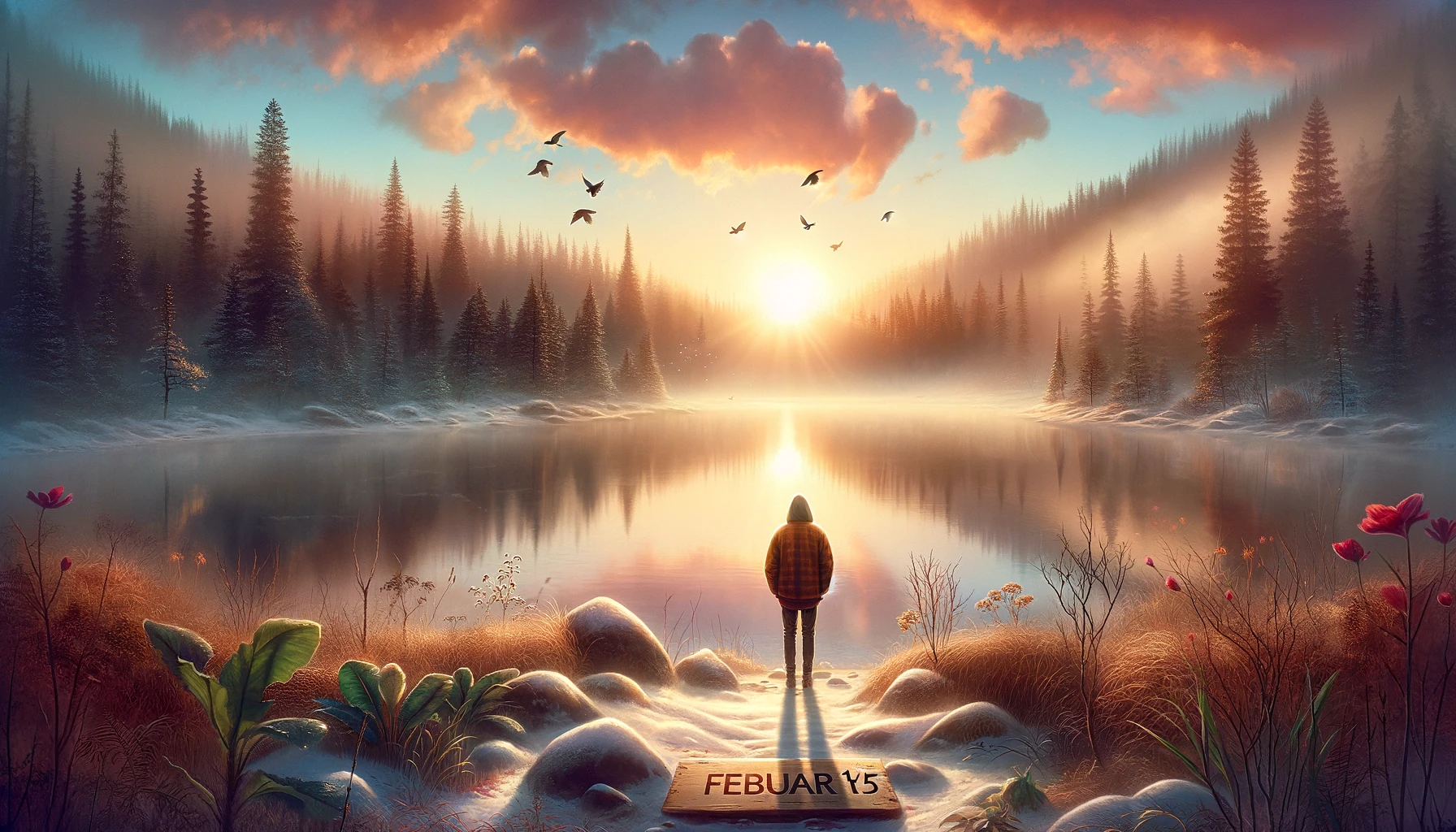Visualize a moment of awakening and spiritual renewal on a recovery journey, set on February 15th. The image captures a solitary figure standing at th
