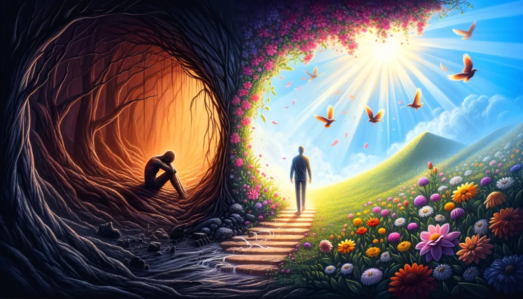 Visualize the transformation from self-pity to gratitude, capturing the essence of the February 21st insight without including any words. The scene sh