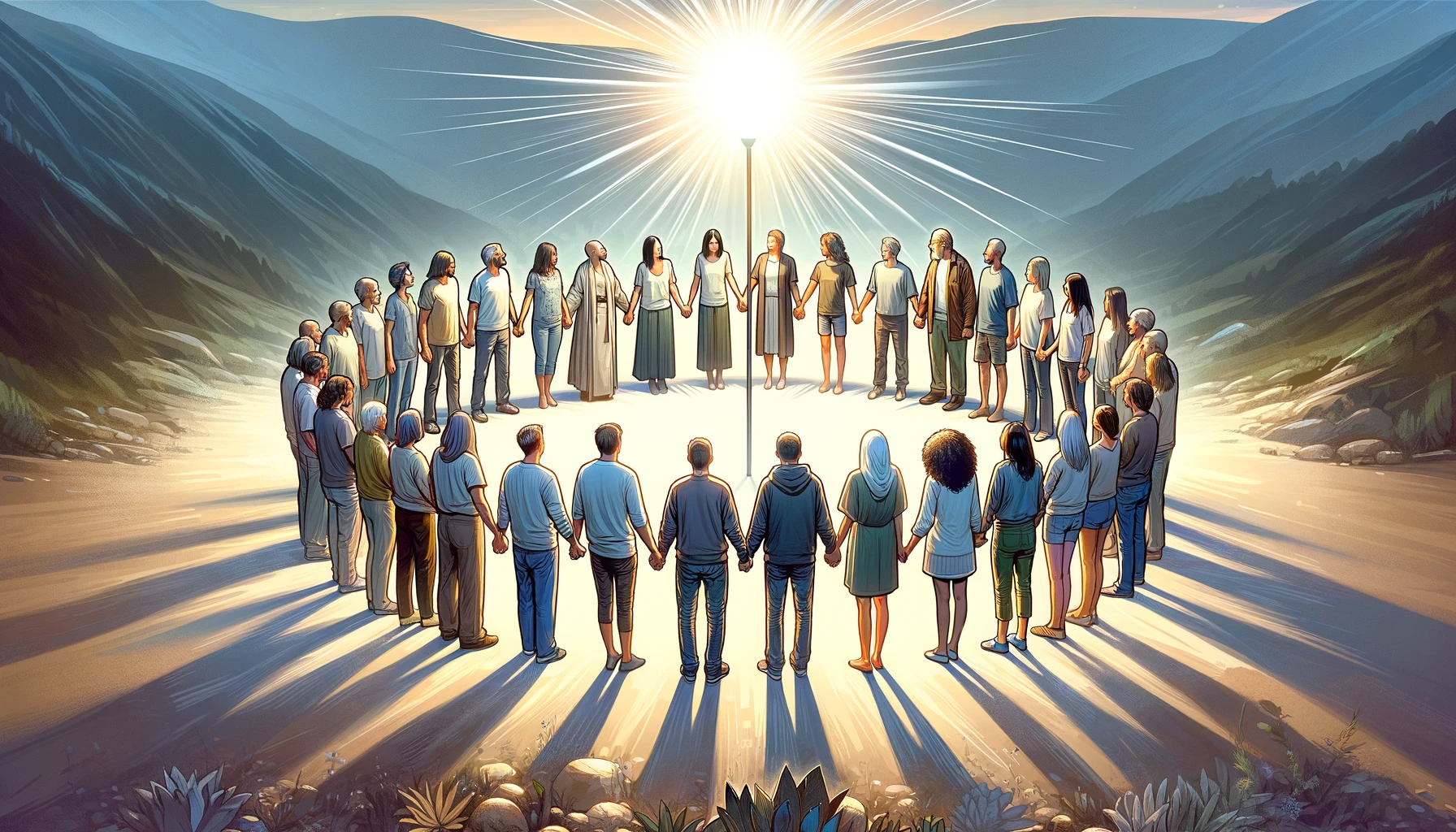 illustration depicting the concept of unity and collective strength in recovery. The image shows a diverse group of people standing toge