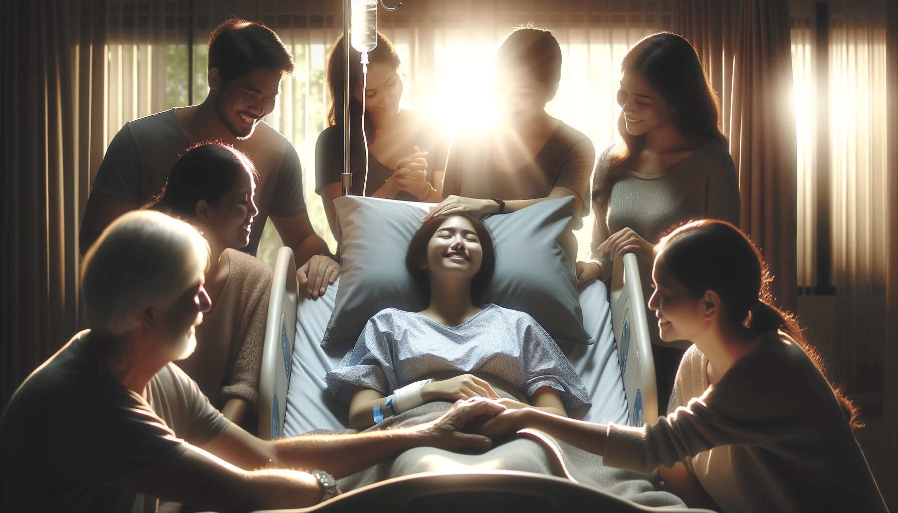 A 16_9 widescreen image depicting a heartwarming scene of a person in a hospital bed, surrounded by the support of their loved ones. The hospital room