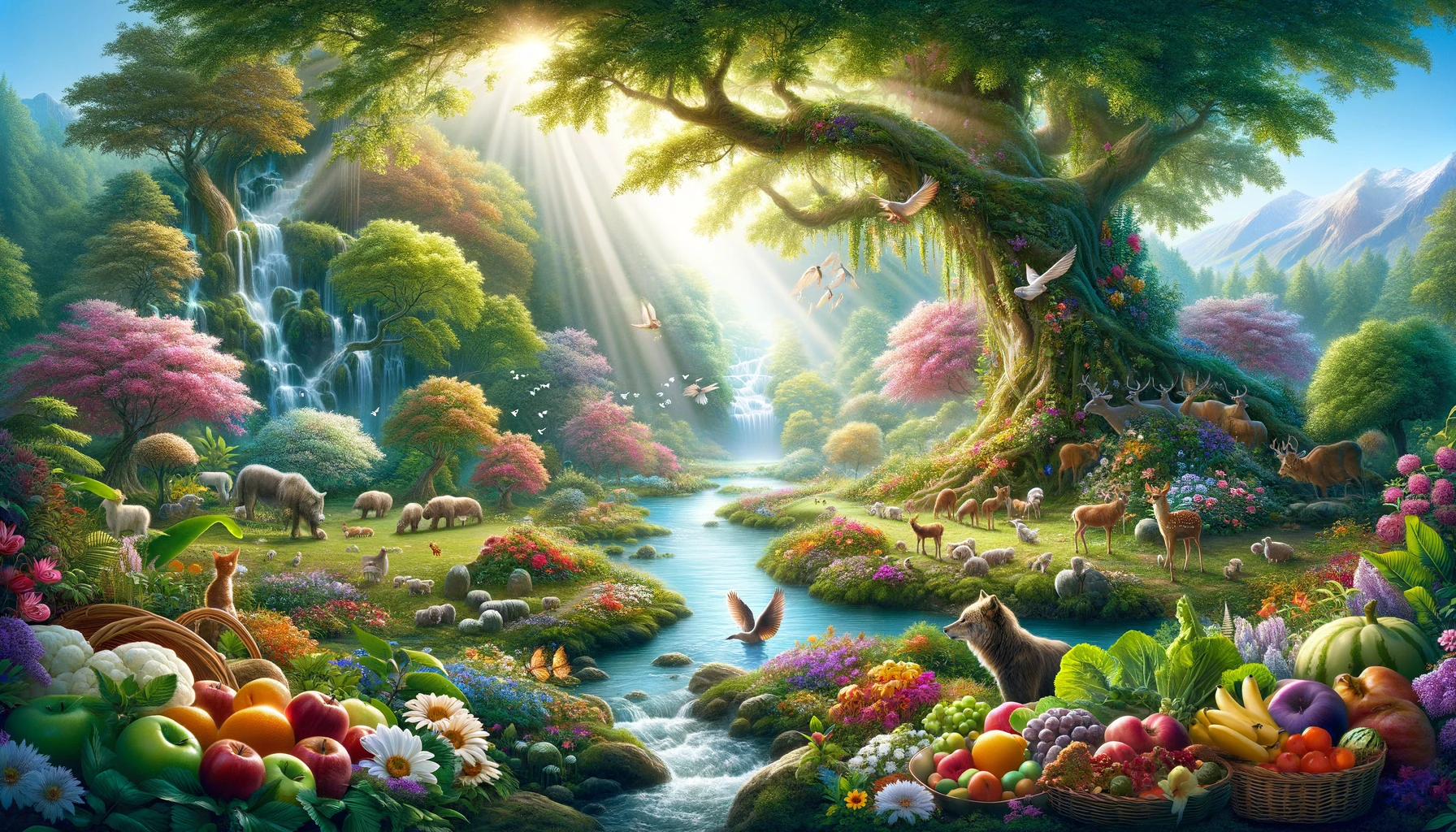 A 16_9 widescreen image that beautifully illustrates the theme of 'God's Gifts'. The scene is set in a vibrant, lush garden that seems to embody a sli