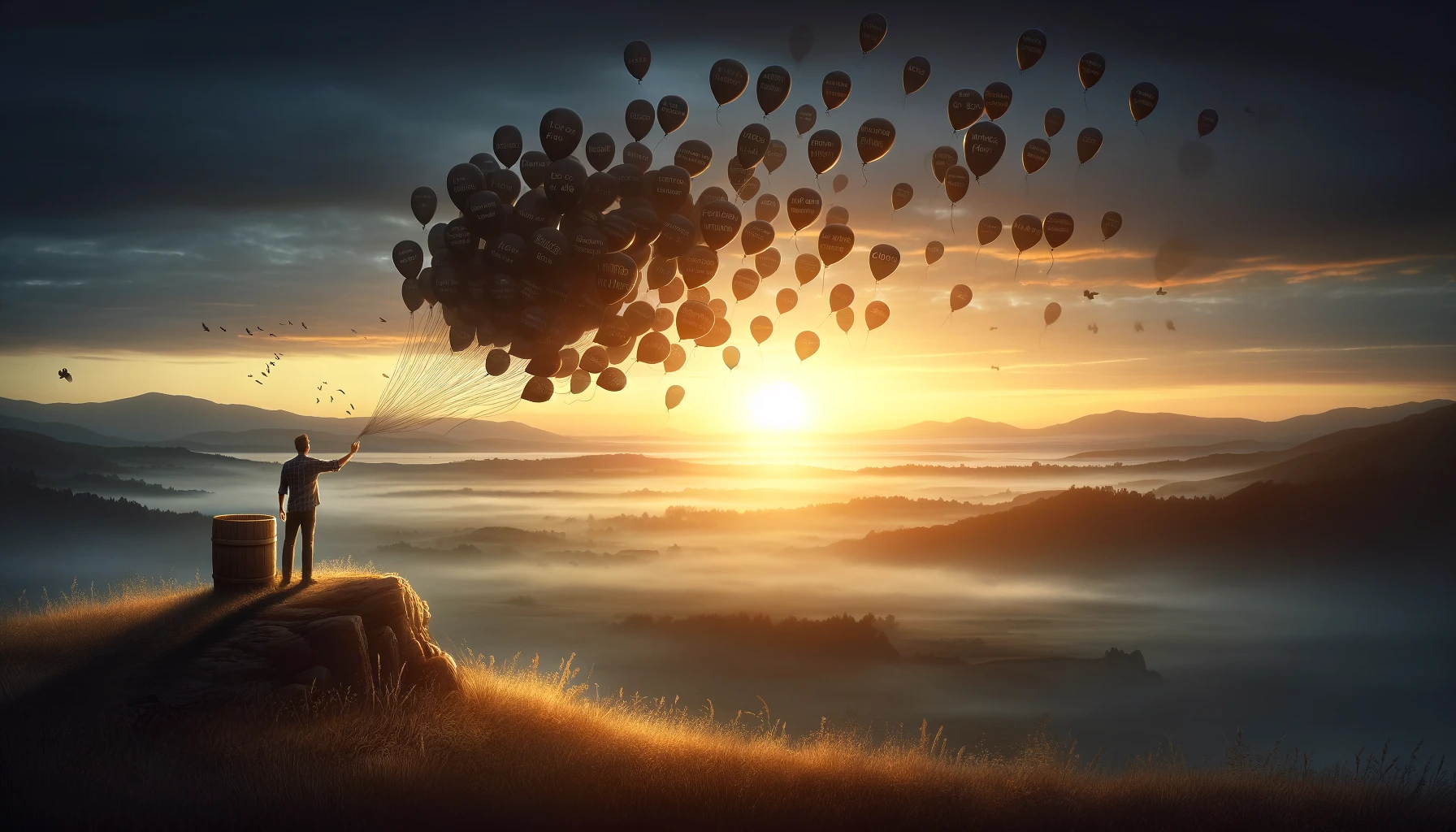 A 16_9 widescreen image that captures the essence of 'Letting Go of the Past'. The scene depicts a serene, open landscape at dawn, symbolizing new beg