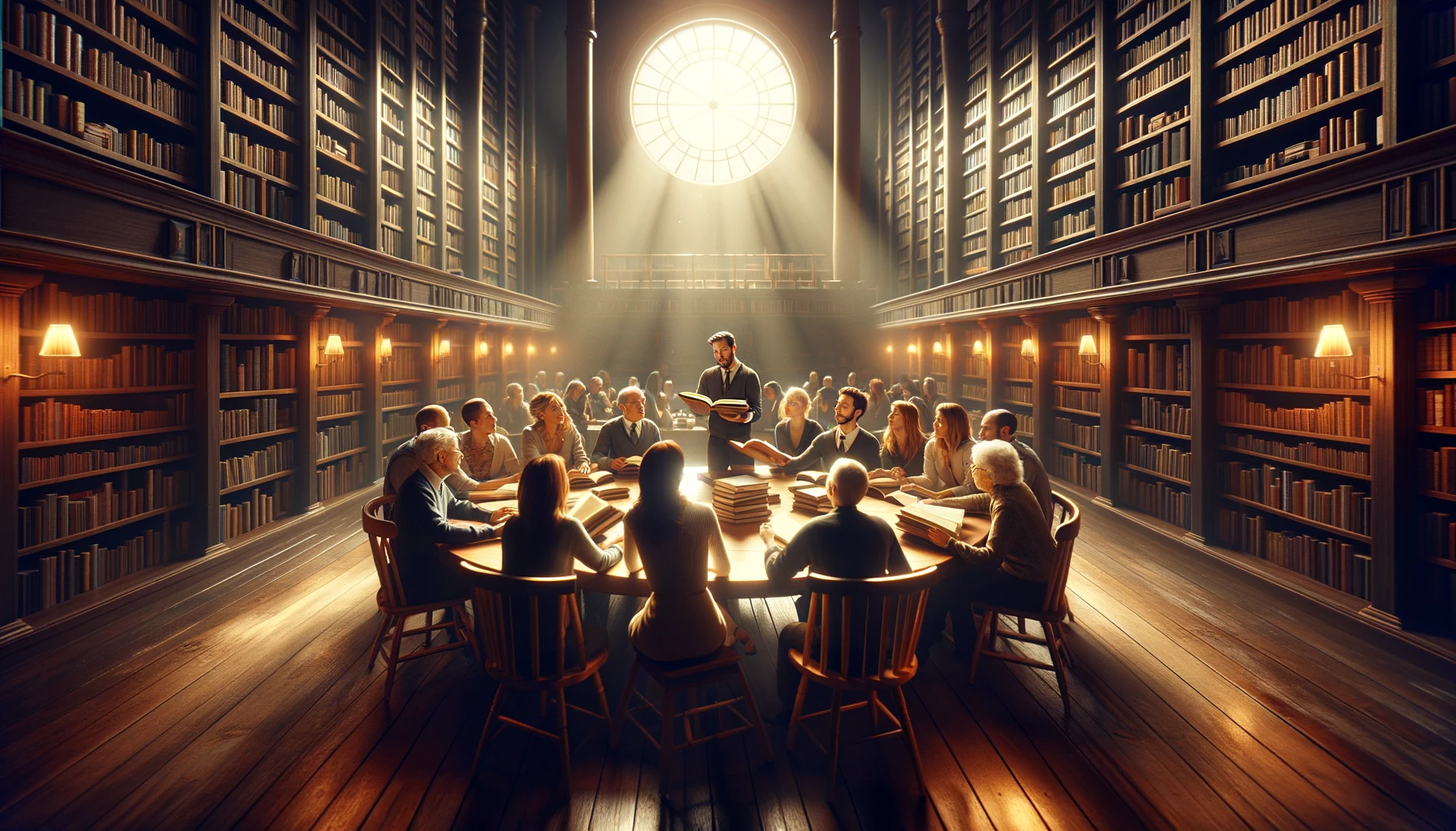 A 16_9 widescreen image that conveys the concept of 'Something Valuable to Share'. The scene is set in a cozy, warmly lit library with tall, wooden bo