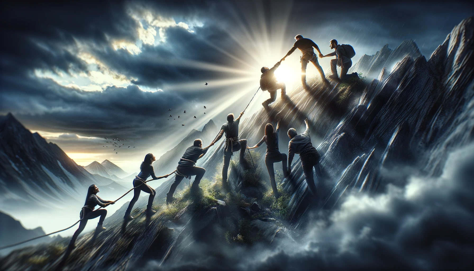 A 16_9 widescreen image that embodies the spirit of 'I Can't, But We Can'. The scene is set on a challenging mountain terrain, symbolizing obstacles a
