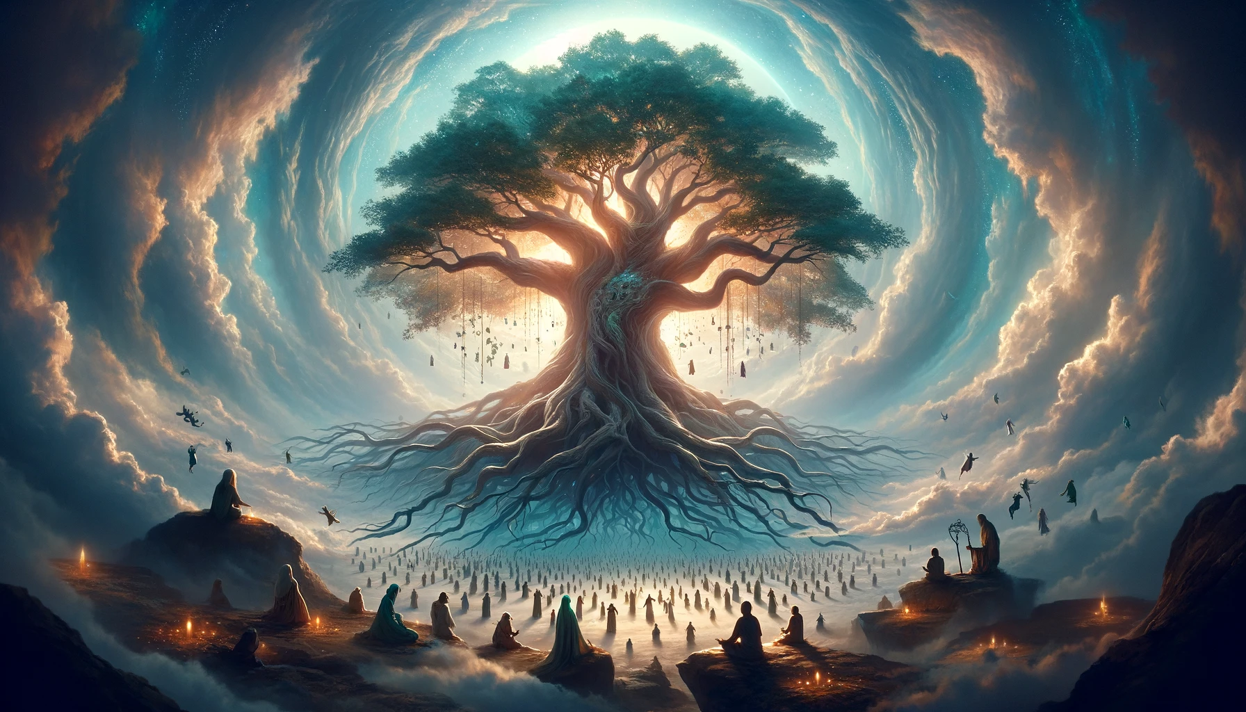 A 16_9 widescreen image that visualizes the concept of 'Higher Power'. The scene unfolds in a breathtaking, ethereal landscape that seems to transcend