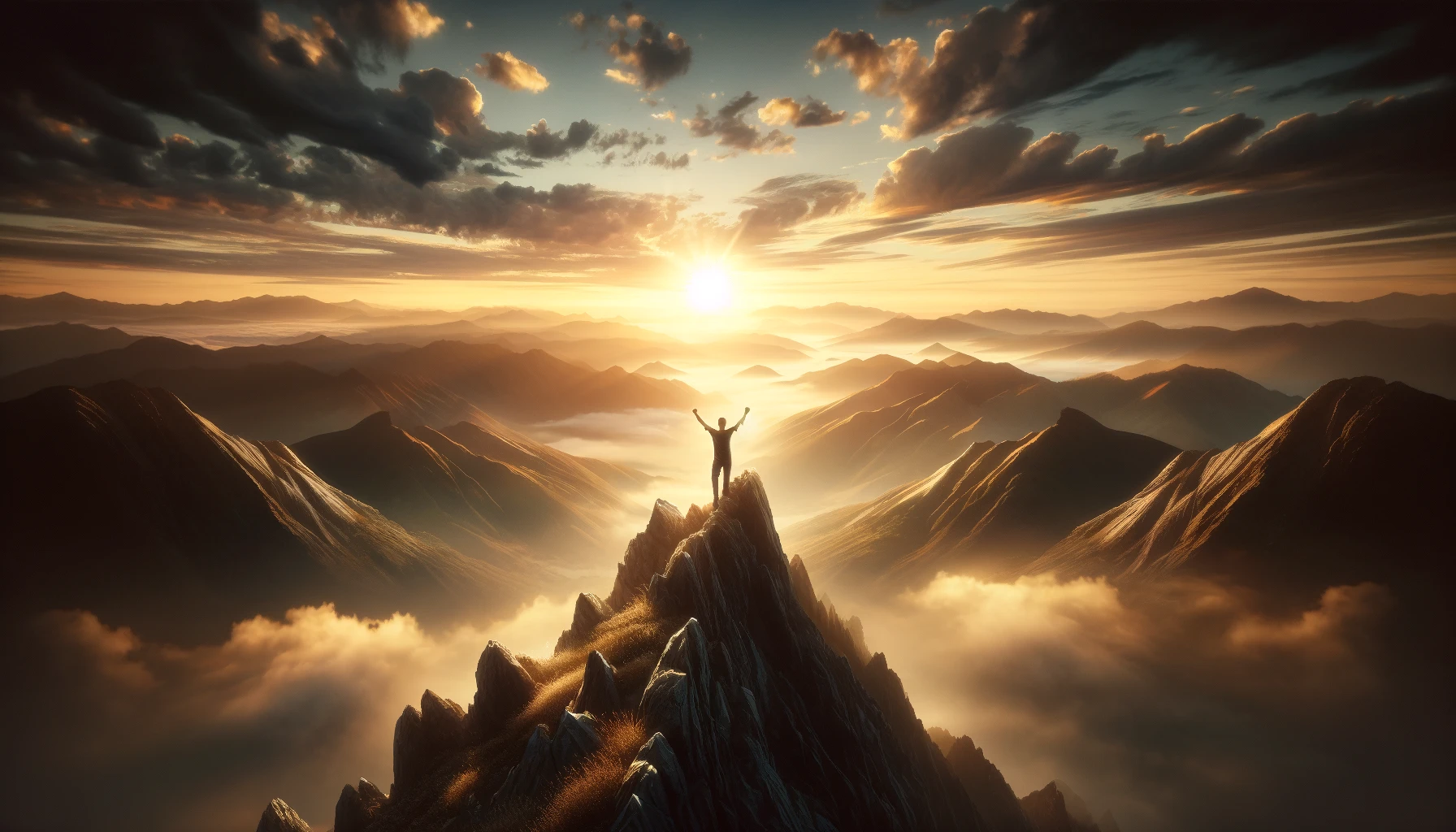 Create an image that symbolizes success in recovery from addiction. Visualize a mountain peak at dawn, with a single person standing at the summit, ar