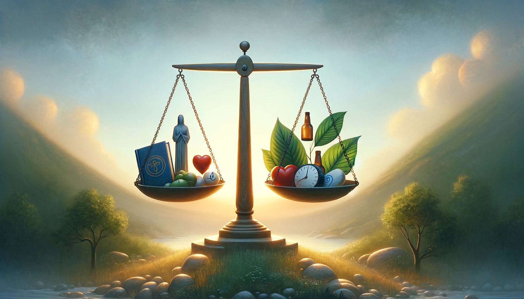 Illustrate the concept of setting priorities in recovery. Visualize a balance scale in a serene, natural setting, with one side holding symbols of rec