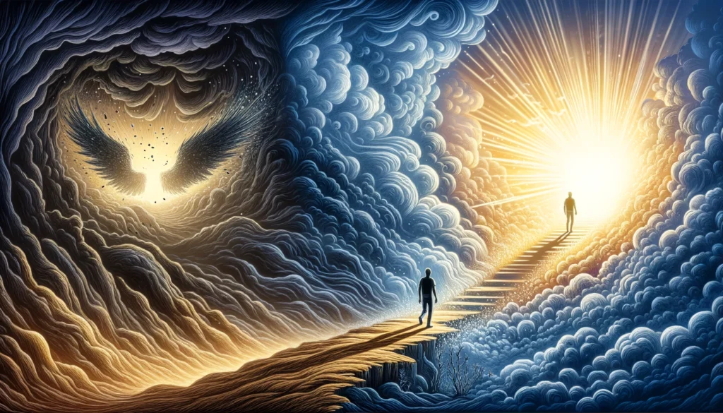 Illustrate-the-transformation-from-a-rude-awakening-to-a-spiritual-awakening-within-the-context-of-recovery.-Begin-with-a-depiction-of-a-person-standi