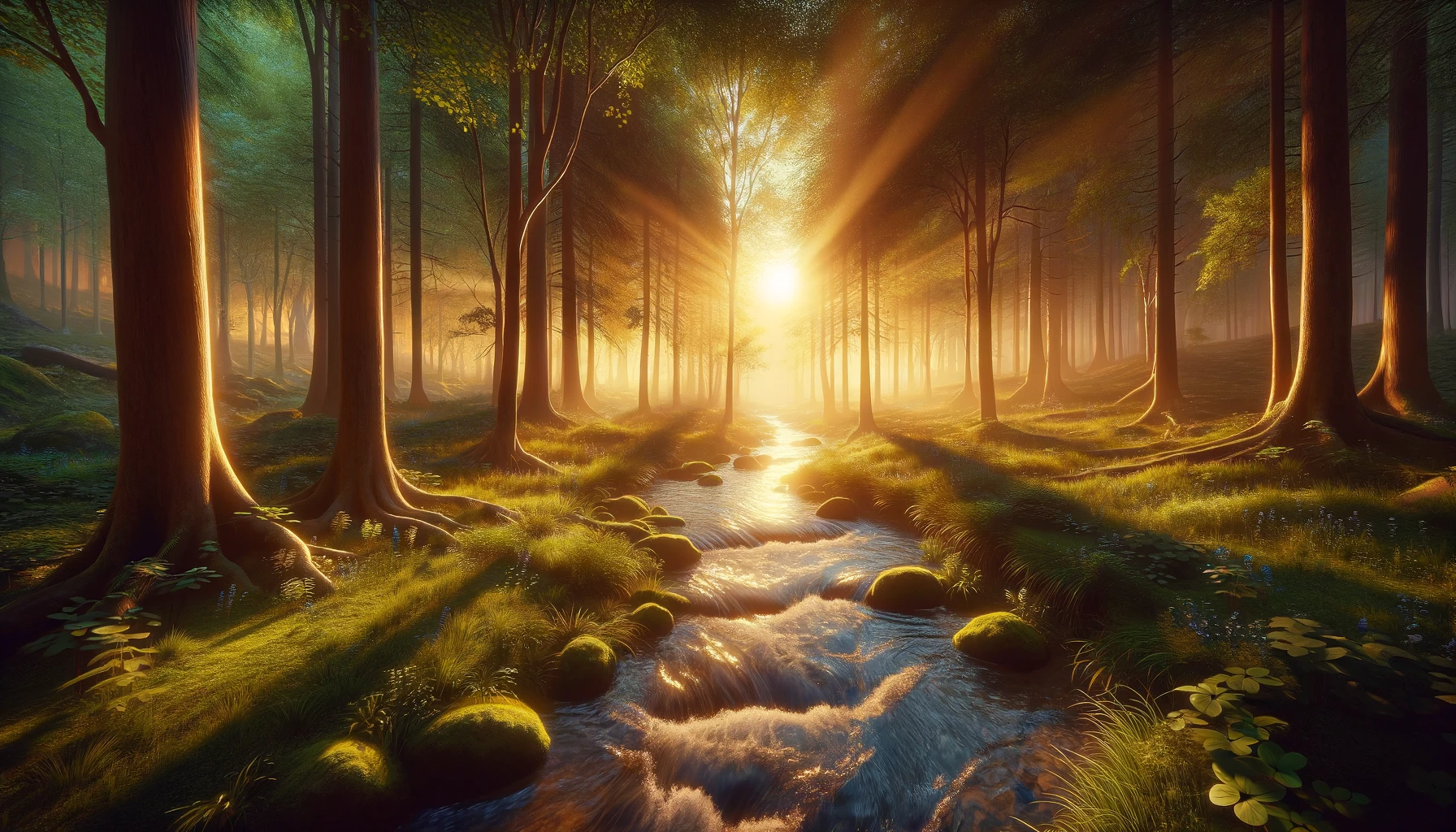 Visualize a serene and calming scene to counteract feelings of anxiety. Imagine a tranquil forest at sunrise, the first rays of sun filtering through