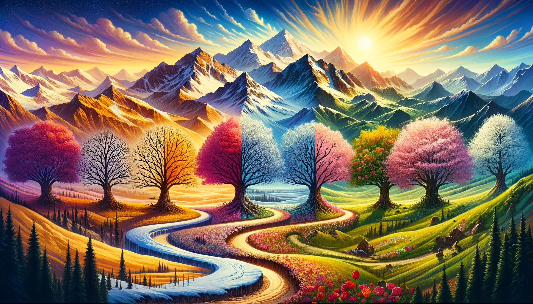 Visualize the concept of 'The Process' in recovery, depicting it as a journey through different seasons, representing the stages of healing and growth