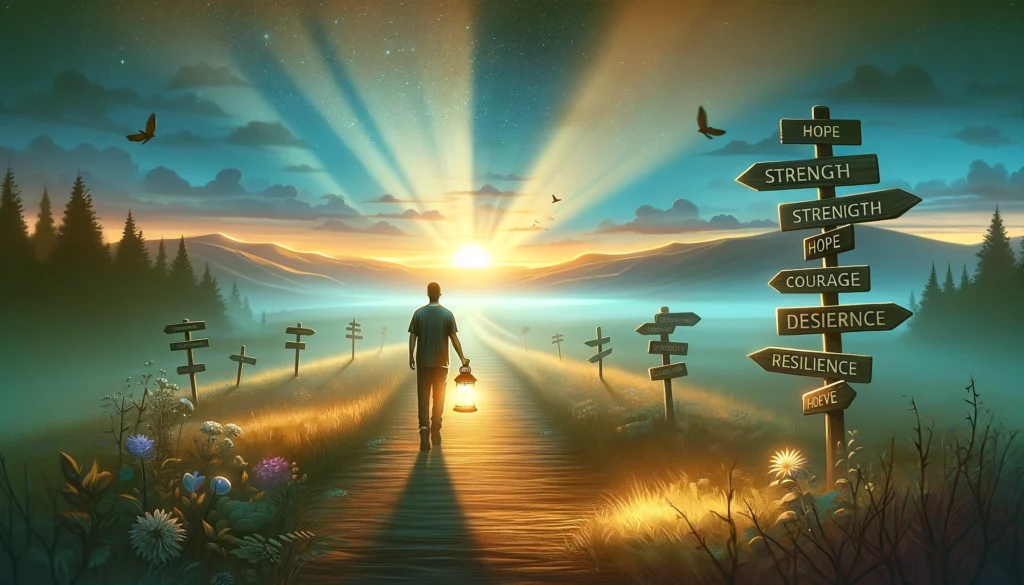 Visualize the concept of taking ownership of one's recovery journey. Depict a solitary figure walking on a path that leads towards a horizon illuminat