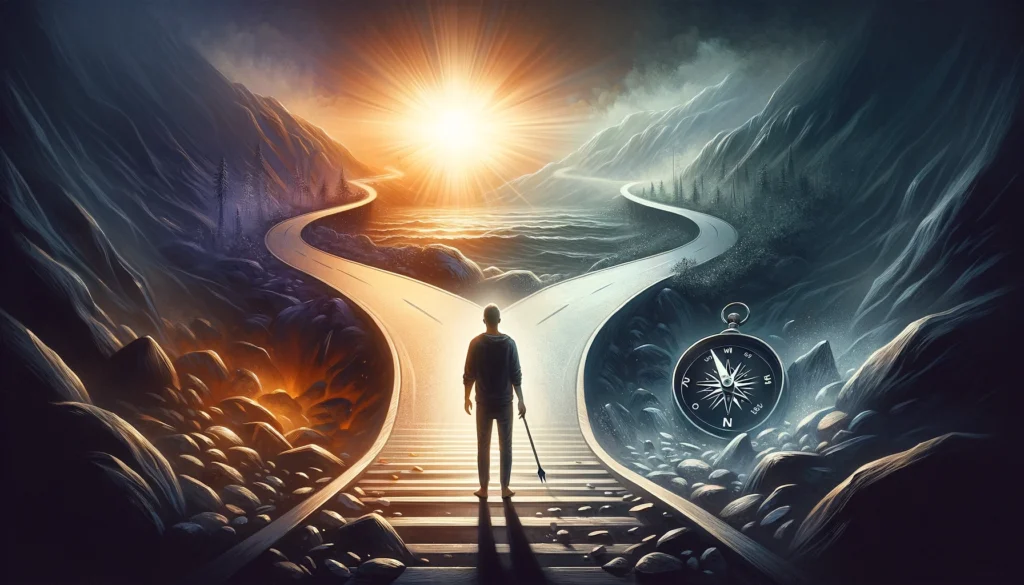 an image that visualizes the concept of rationalizing away our recovery. Depict a person standing at a crossroads, with one path leading toward
