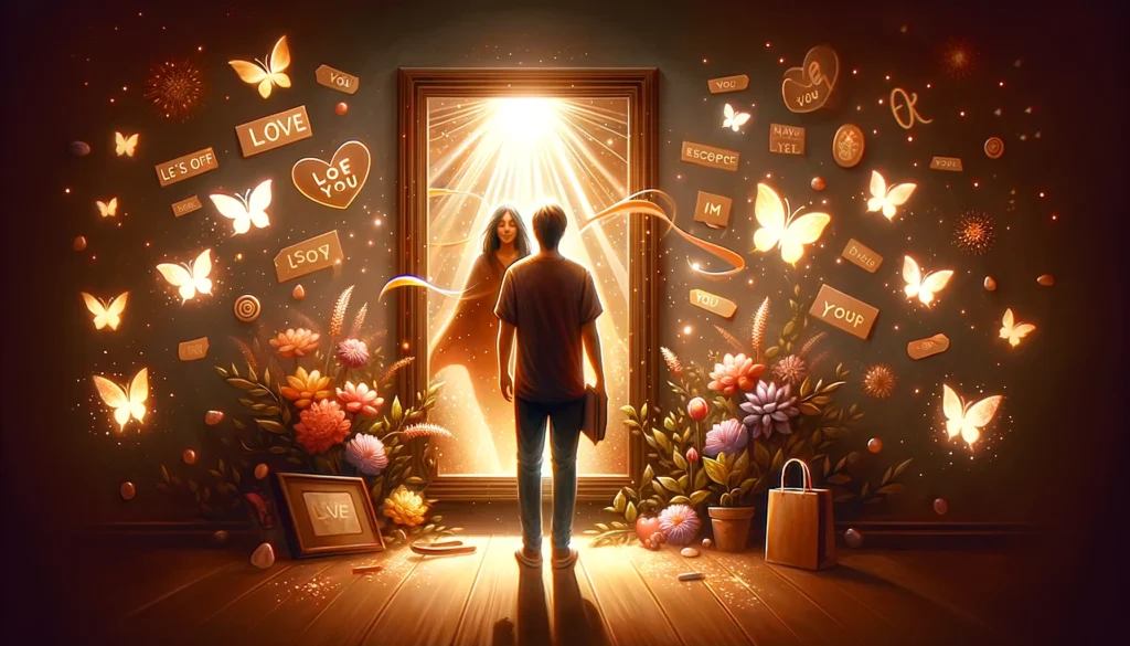 the journey of learning to love oneself in the context of recovery. Visualize a person standing in front of a mirror, but instead of a simple r