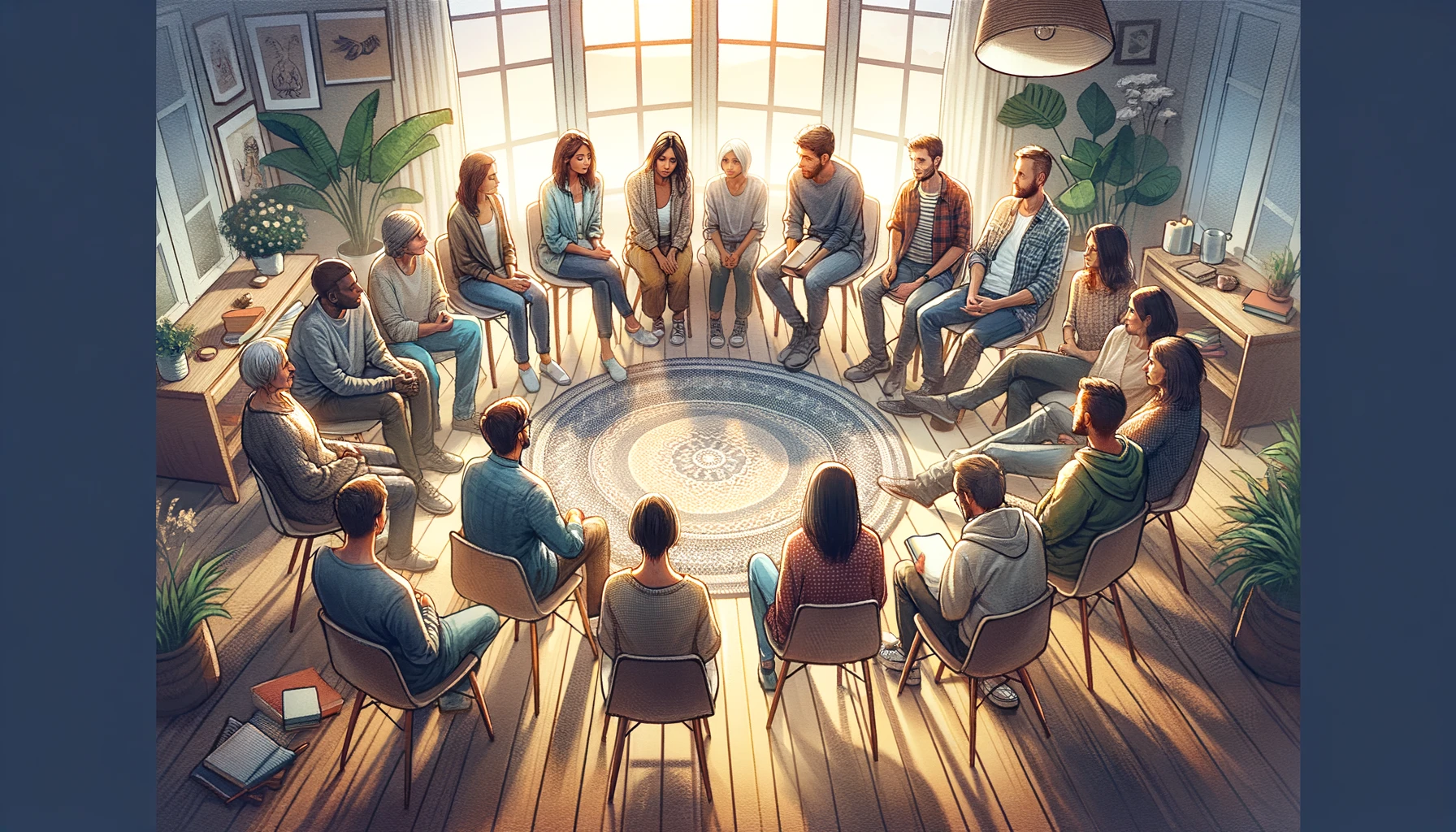 Create an image that captures the essence of connection and shared experiences in recovery. The scene shows a diverse group of people sitting in a cir