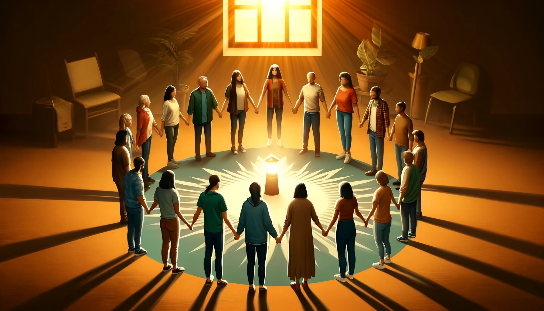 Illustrate the concept of community support in Narcotics Anonymous. The image should depict a diverse group of people standing in a circle, holding ha