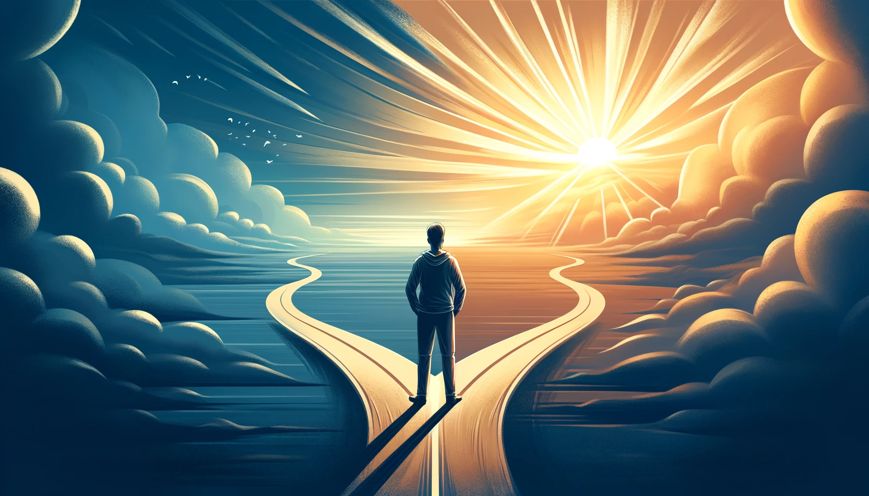 Illustrate the concept of personal responsibility and decision-making in recovery. The image should depict a person standing at a crossroads, looking