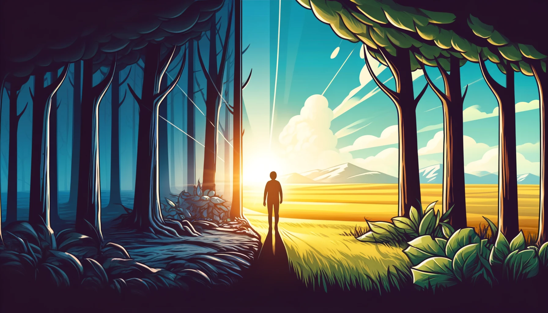 illustrate the concept of personal growth and honesty in recovery. The image should depict a person standing at the edge of a forest, looking out towa