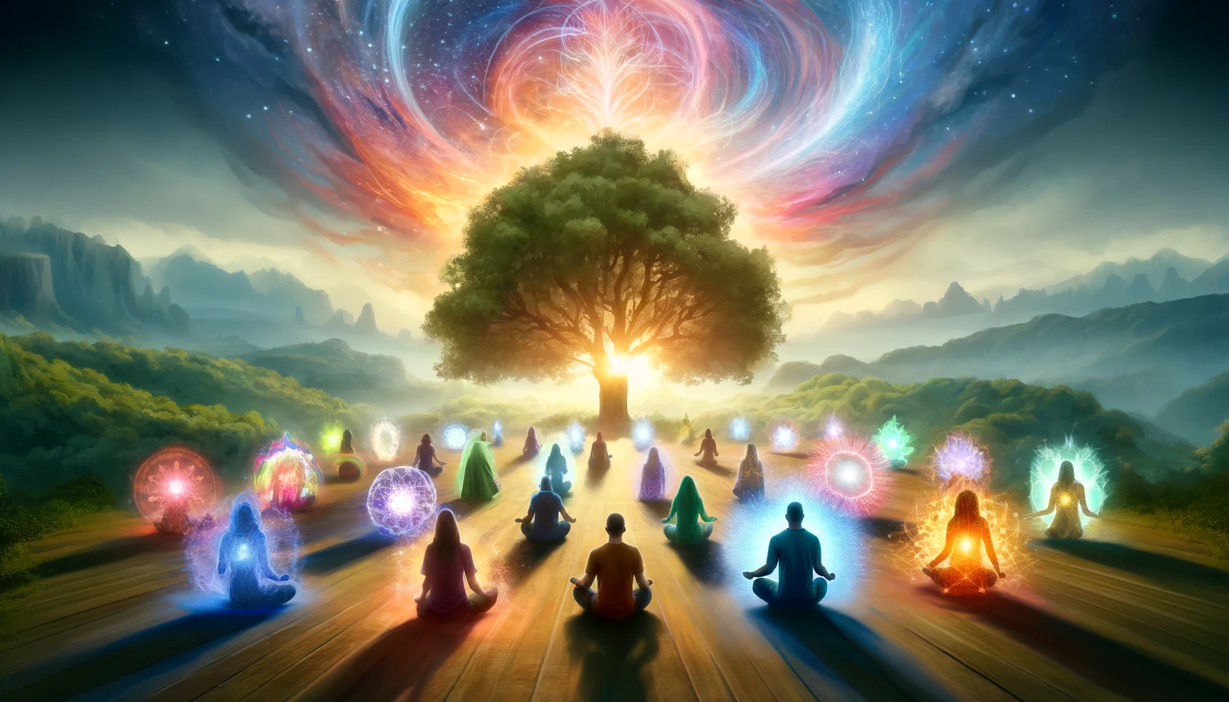 visualize the concept of a diverse spiritual awakening within a recovery community. The image should feature a serene, natural setting with a large tr