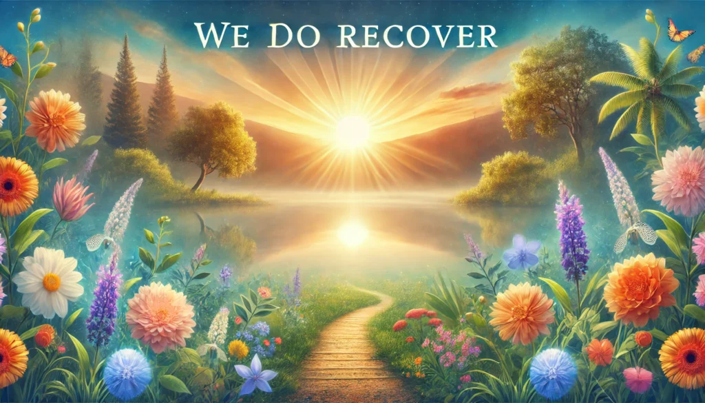 A serene image capturing the essence of recovery and transformation. The background shows a peaceful sunrise over a tranquil lake, symbolizing new beg
