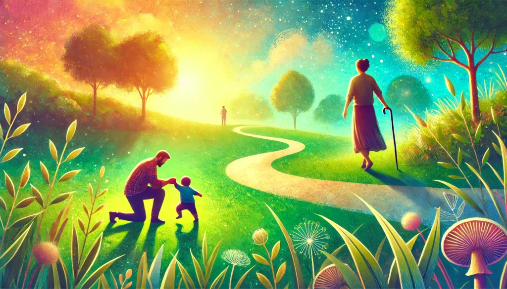 An uplifting image capturing the essence of encouragement and support. The background shows a sunny park with a gentle path winding through vibrant, g