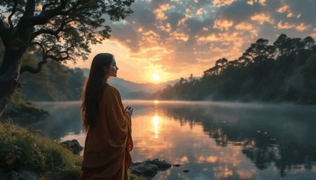 The image illustrates a serene and spiritual landscape, embodying the concept of spiritual growth within the pagan community. It reflects the idea of recovery as a personal journey, welcoming diverse beliefs and practices, including those found in twelve step programs like Alcoholics Anonymous and other pagan-oriented recovery groups.